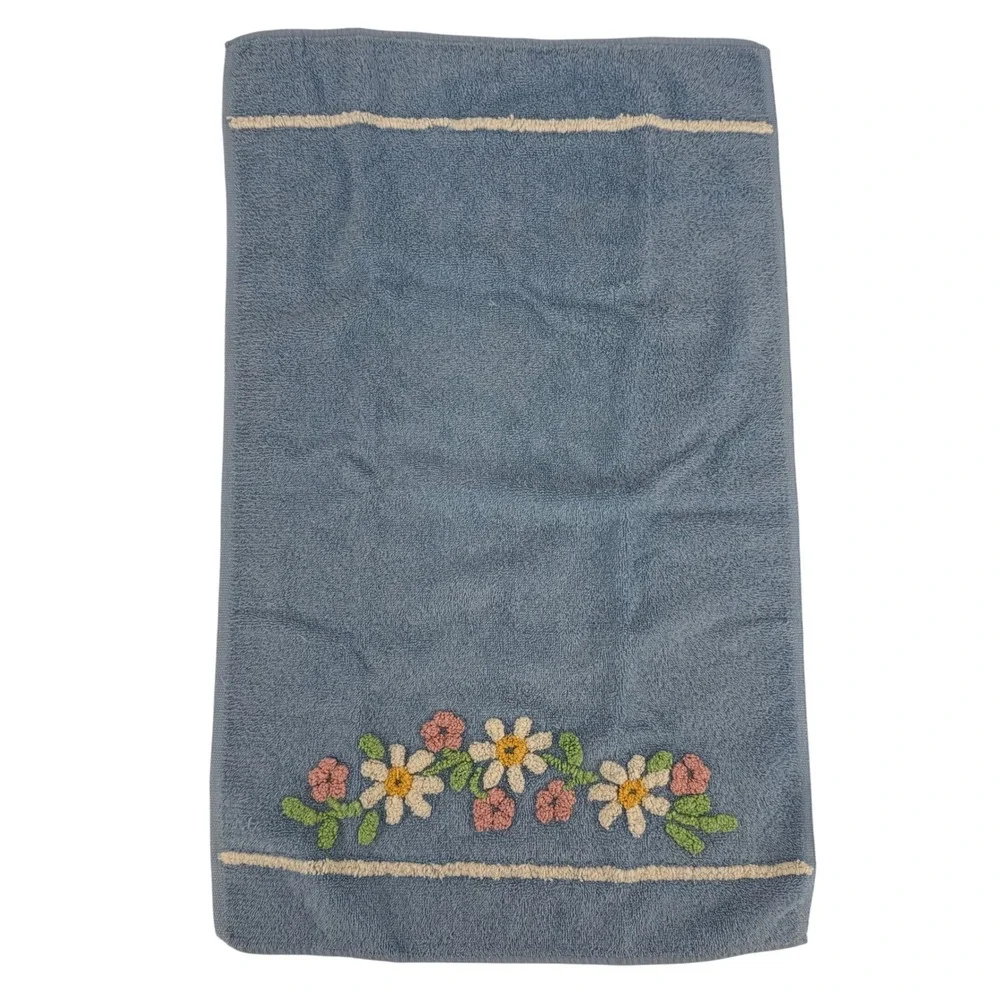 Vintage Martex Hand Towels Set 3 Blue Yellow Embroidered Floral Daisy Cotton